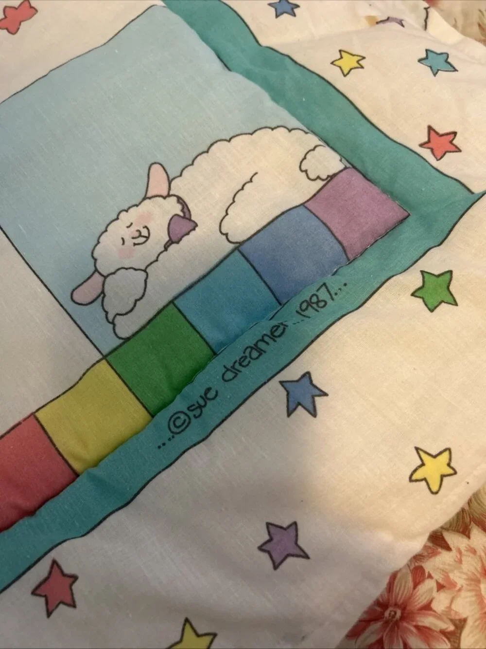 Baby Crib Blanket Sue Dreamer Happy Sheep Nursery Quilt 1987 Double sided 42x33”